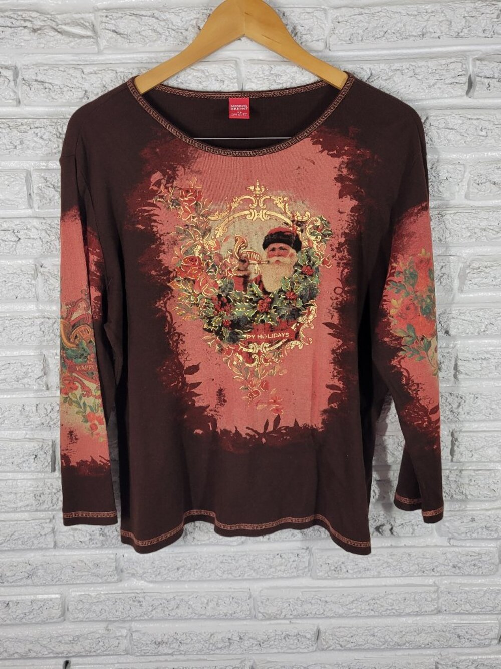 Merry & Bright XL Brown St. Nicholas Christmas Tee Studded Long Sleeve NOV98E